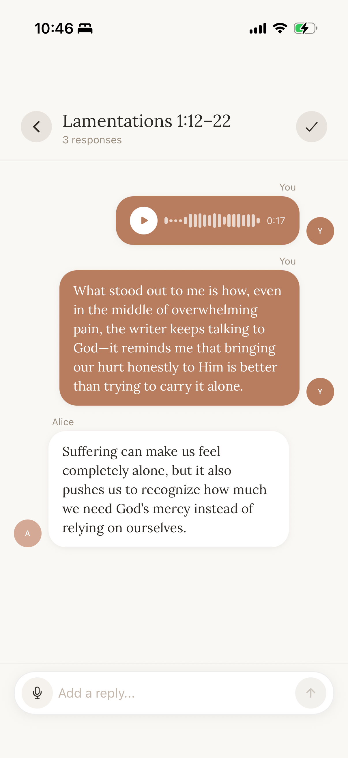 Group thread showing everyone's reflections